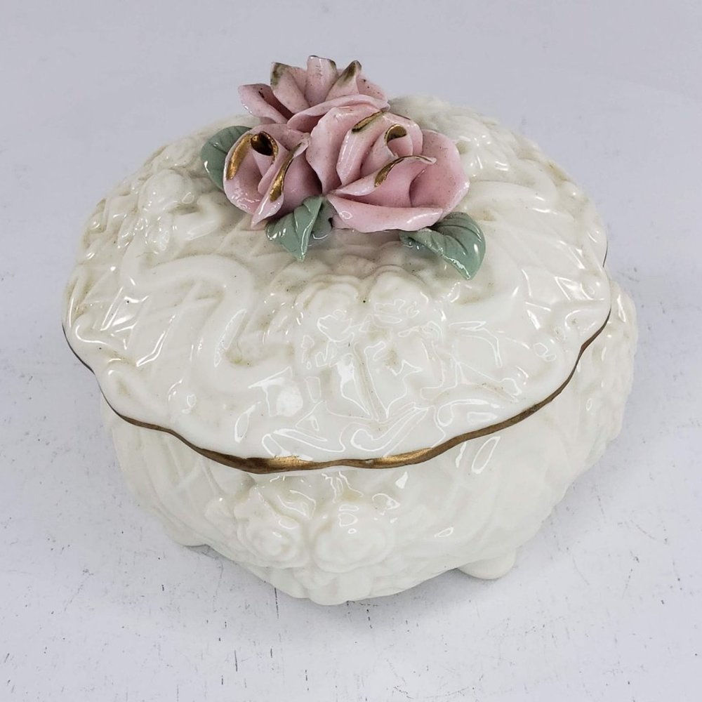 Porcelain Embossed Trinket Box Lidded Roses